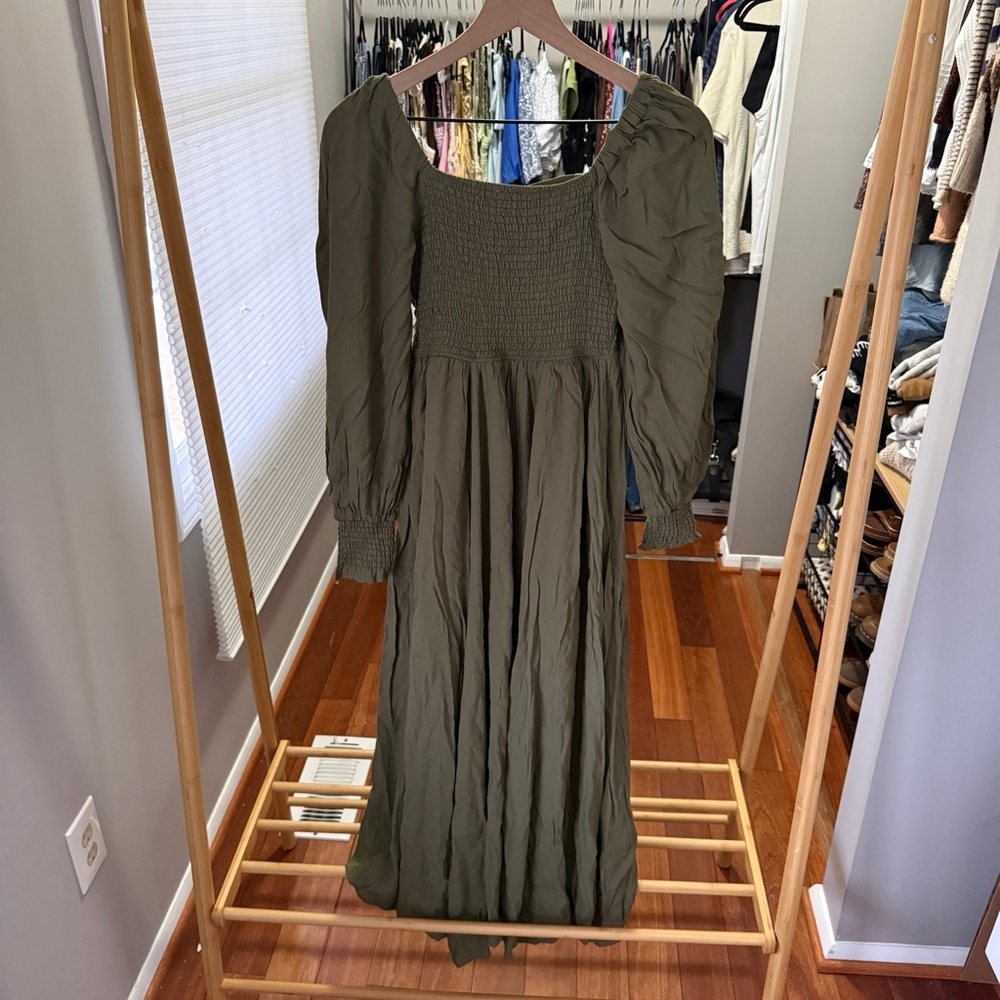 NWOT In Loom smocked olive colored maxi dress | Size: Small - Picture 8 of 8